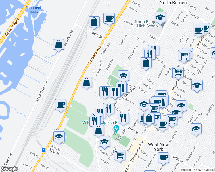 map of restaurants, bars, coffee shops, grocery stores, and more near 6217 Meadowview Avenue in North Bergen