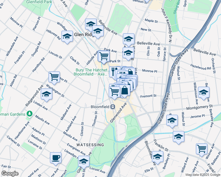 map of restaurants, bars, coffee shops, grocery stores, and more near 62-54 Farrand Street in Bloomfield