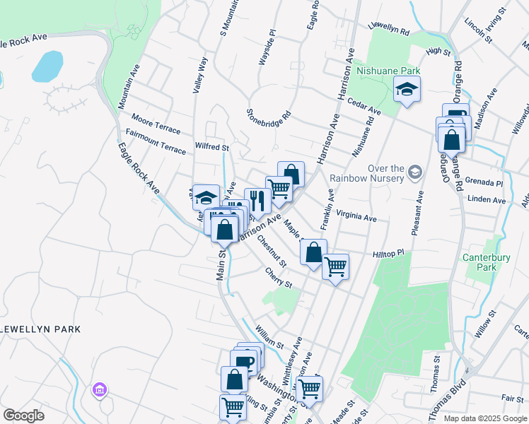 map of restaurants, bars, coffee shops, grocery stores, and more near 62 Kirk Street in West Orange