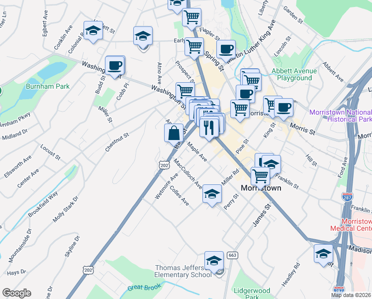 map of restaurants, bars, coffee shops, grocery stores, and more near 41 Market Street in Morristown