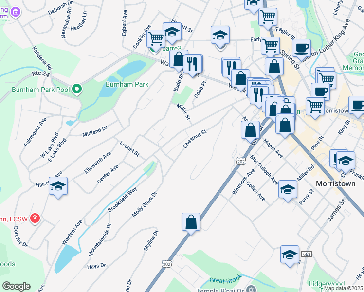 map of restaurants, bars, coffee shops, grocery stores, and more near 88 Western Avenue in Morristown