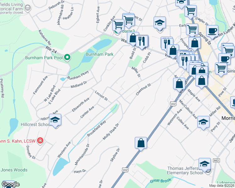 map of restaurants, bars, coffee shops, grocery stores, and more near 20 Fairview Place in Morristown