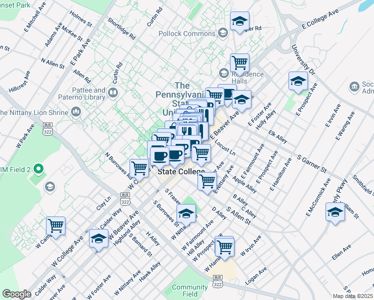 map of restaurants, bars, coffee shops, grocery stores, and more near 236 East Calder Way in State College