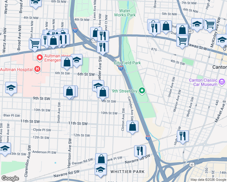 map of restaurants, bars, coffee shops, grocery stores, and more near 630 Prospect Avenue Southwest in Canton