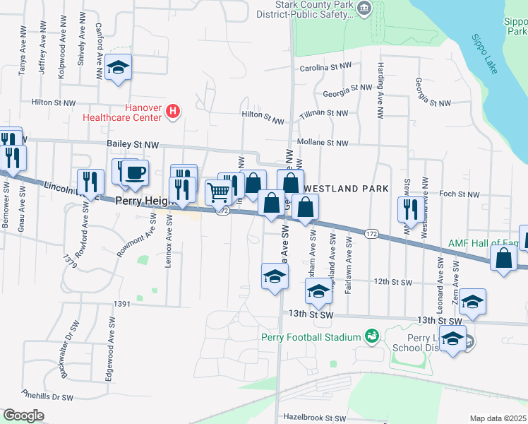 map of restaurants, bars, coffee shops, grocery stores, and more near 3516 Lincoln Way East in Massillon