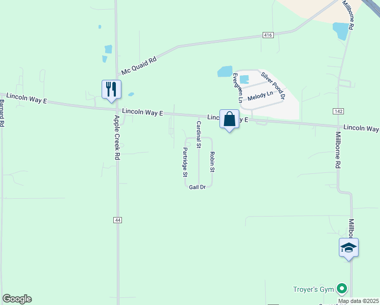 map of restaurants, bars, coffee shops, grocery stores, and more near 151 Partridge Street in Apple Creek