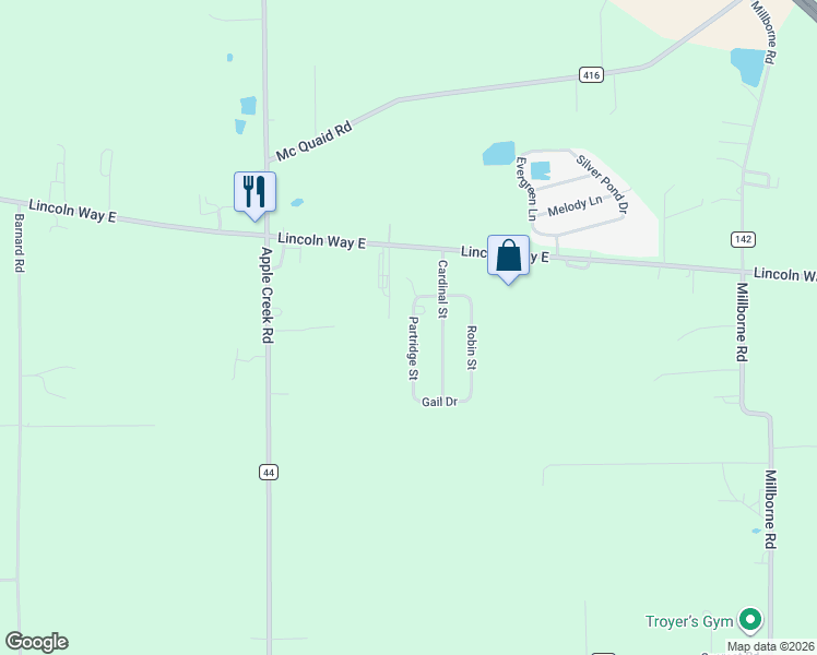 map of restaurants, bars, coffee shops, grocery stores, and more near 151 Partridge Street in Apple Creek