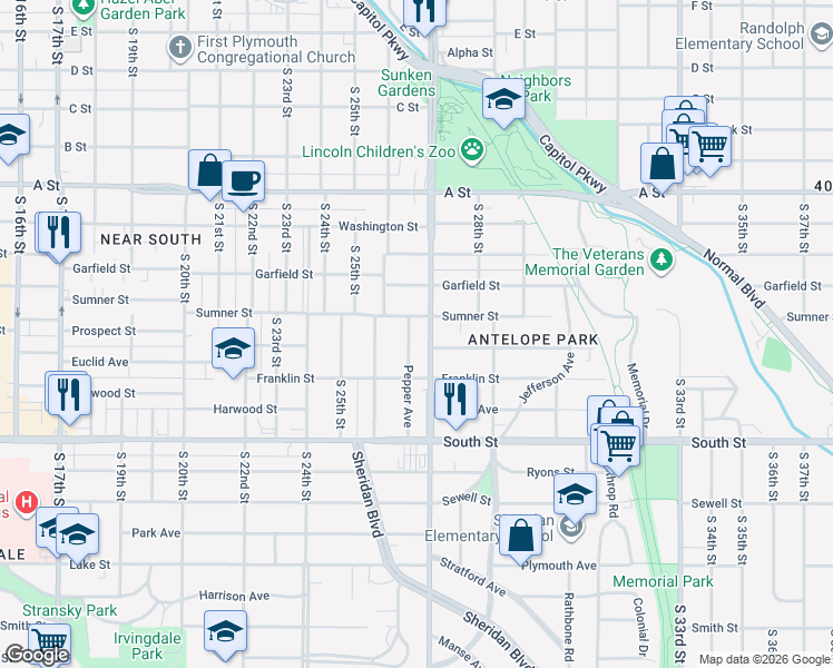map of restaurants, bars, coffee shops, grocery stores, and more near 2648 Sumner Street in Lincoln
