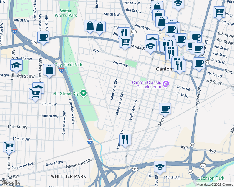 map of restaurants, bars, coffee shops, grocery stores, and more near 900 Raynolds Place Southwest in Canton