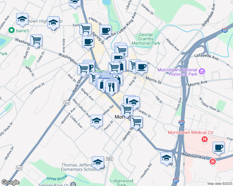 map of restaurants, bars, coffee shops, grocery stores, and more near 11 Pine Street in Morristown