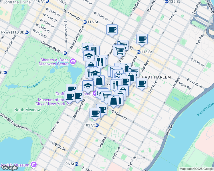 map of restaurants, bars, coffee shops, grocery stores, and more near Park Avenue & East 109th Street in New York