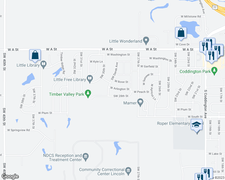 map of restaurants, bars, coffee shops, grocery stores, and more near 2919 West Arlington Street in Lincoln