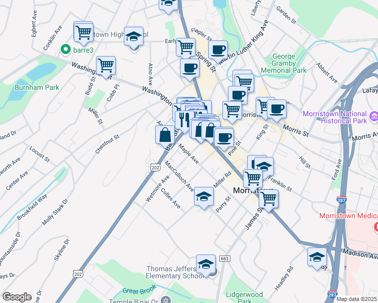 map of restaurants, bars, coffee shops, grocery stores, and more near 22 Maple Avenue in Morristown