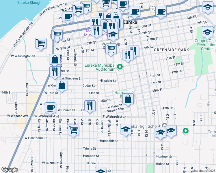 map of restaurants, bars, coffee shops, grocery stores, and more near 264 South Hillsdale Street in Eureka