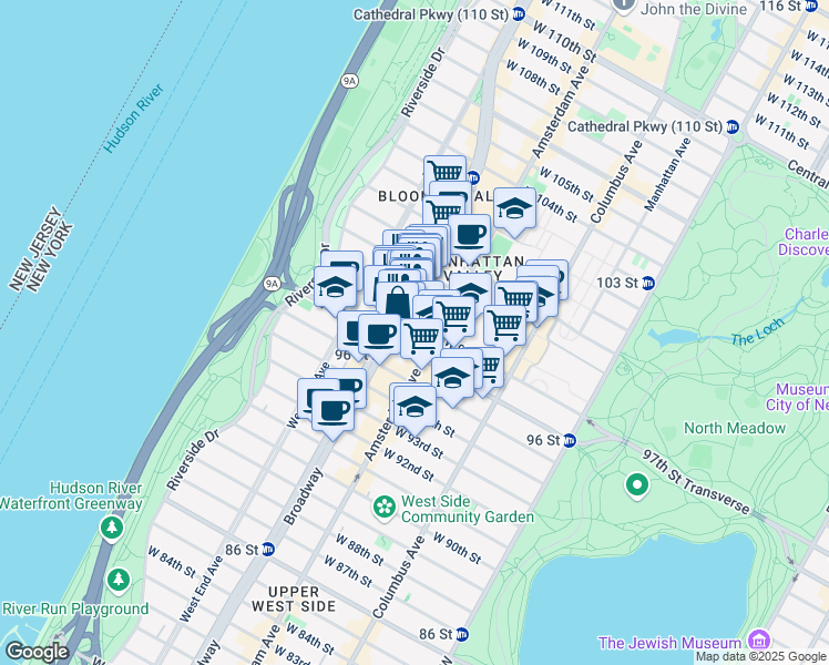 map of restaurants, bars, coffee shops, grocery stores, and more near 214 West 97th Street in New York