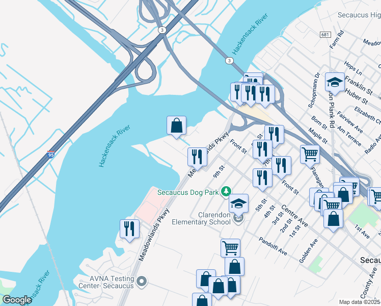 map of restaurants, bars, coffee shops, grocery stores, and more near 45 Meadowlands Parkway in Secaucus