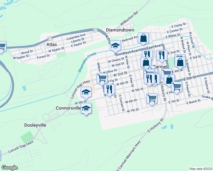 map of restaurants, bars, coffee shops, grocery stores, and more near 401 West Fig Street in Mount Carmel