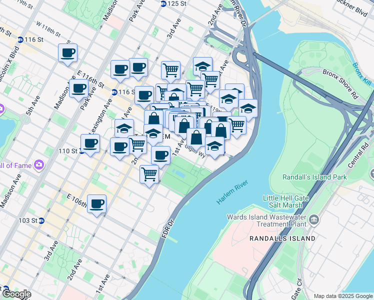 map of restaurants, bars, coffee shops, grocery stores, and more near in New York
