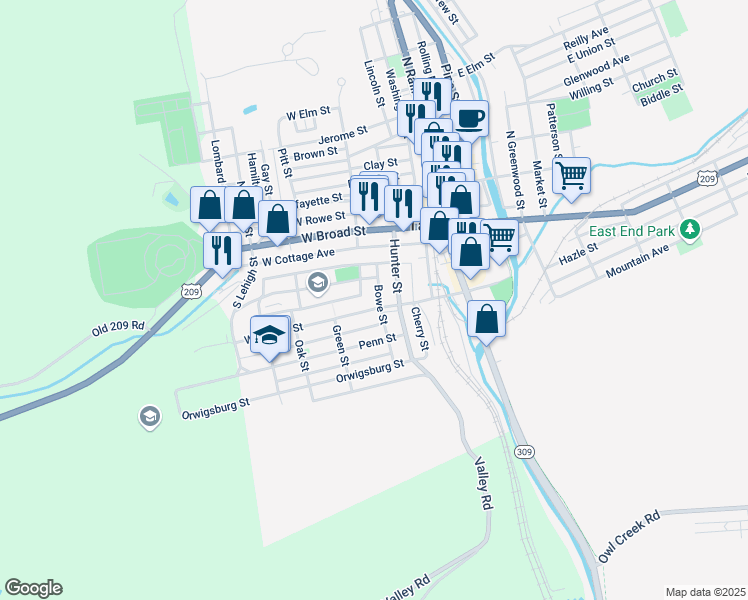 map of restaurants, bars, coffee shops, grocery stores, and more near 127 1/2 West Spruce Street in Tamaqua
