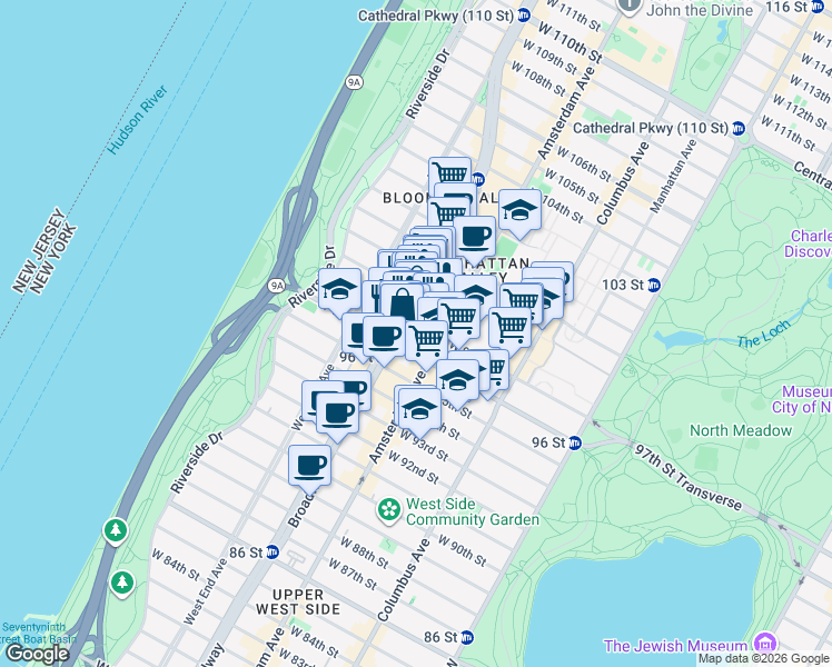 map of restaurants, bars, coffee shops, grocery stores, and more near 226 West 97th Street in New York