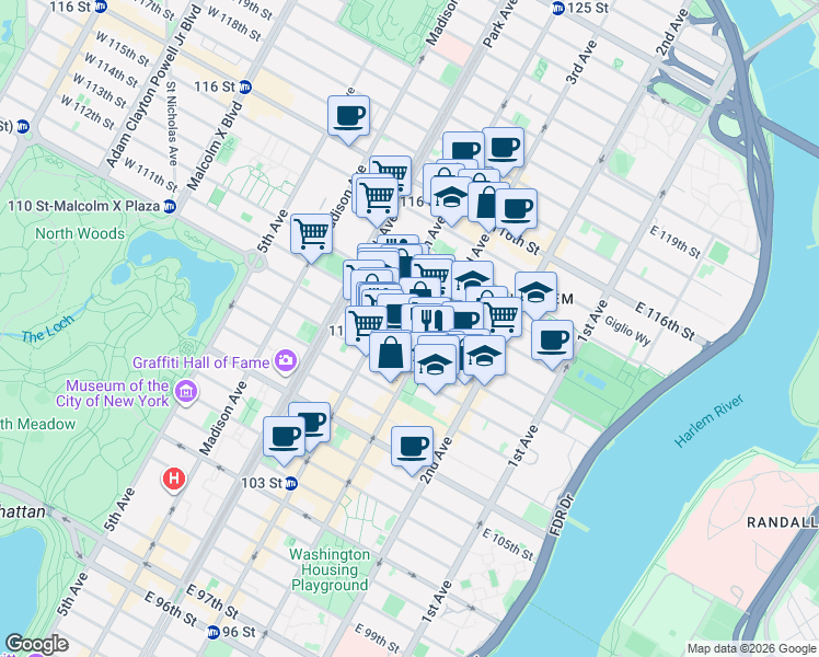 map of restaurants, bars, coffee shops, grocery stores, and more near 174 East 112th Street in New York
