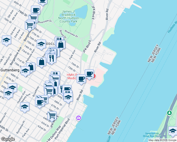 map of restaurants, bars, coffee shops, grocery stores, and more near 1510 77th Street in North Bergen
