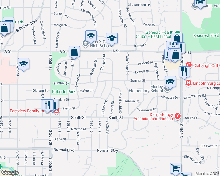 map of restaurants, bars, coffee shops, grocery stores, and more near 6201 Sumner Street in Lincoln