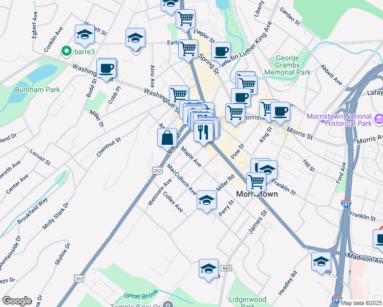 map of restaurants, bars, coffee shops, grocery stores, and more near 22 Maple Avenue in Morristown