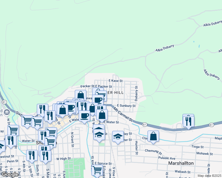 map of restaurants, bars, coffee shops, grocery stores, and more near Strawberry Alley in Shamokin