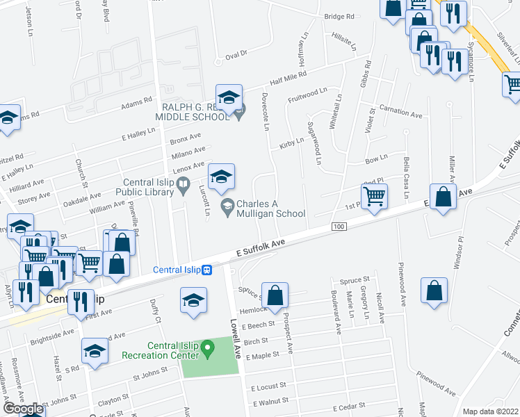 map of restaurants, bars, coffee shops, grocery stores, and more near 10 Nagle Lane in Central Islip