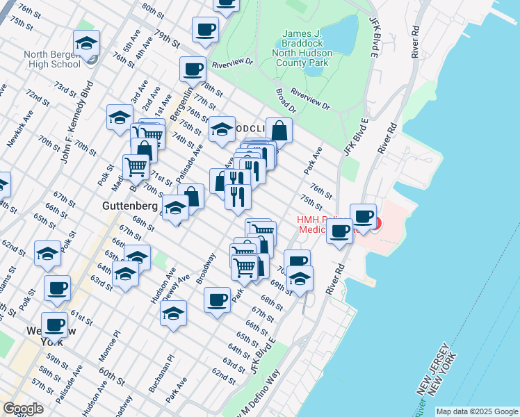 map of restaurants, bars, coffee shops, grocery stores, and more near 7317 Broadway in North Bergen