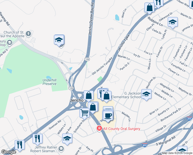 map of restaurants, bars, coffee shops, grocery stores, and more near 6 Old Jericho Turnpike in Jericho