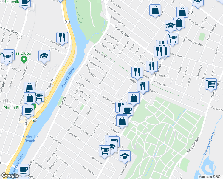 map of restaurants, bars, coffee shops, grocery stores, and more near 11 Birchwood Drive in North Arlington