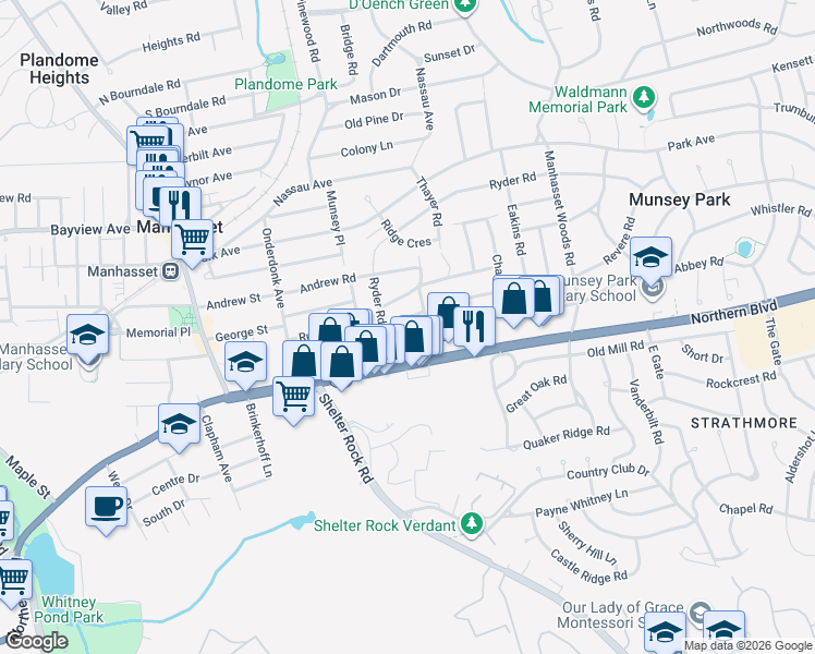 map of restaurants, bars, coffee shops, grocery stores, and more near 51 Ox Road in Manhasset