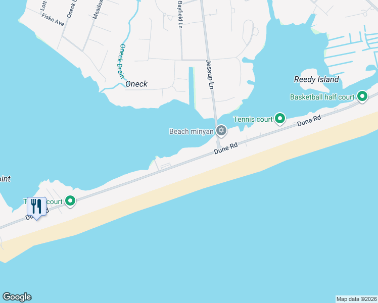 map of restaurants, bars, coffee shops, grocery stores, and more near 256 Dune Road in Westhampton Beach