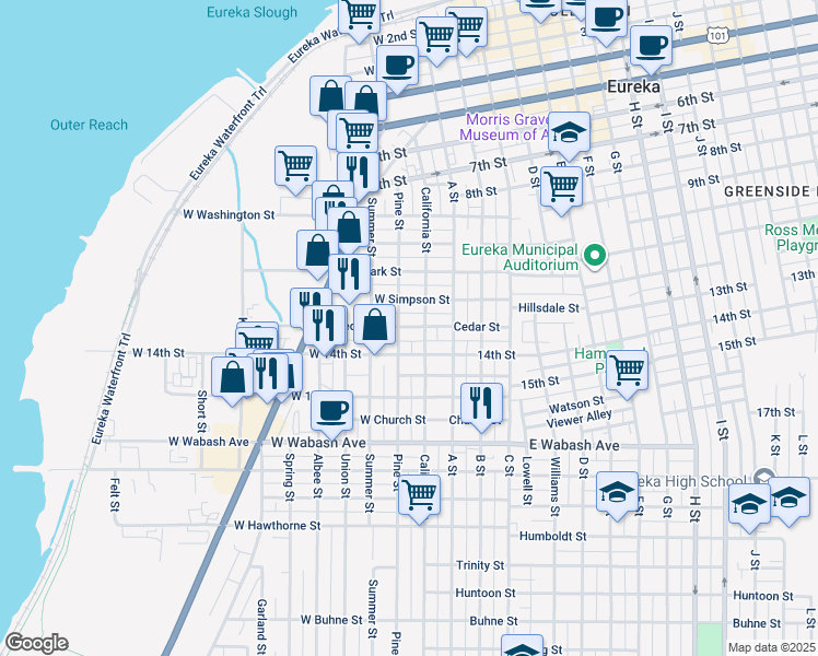 map of restaurants, bars, coffee shops, grocery stores, and more near 1215 Pine Street in Eureka