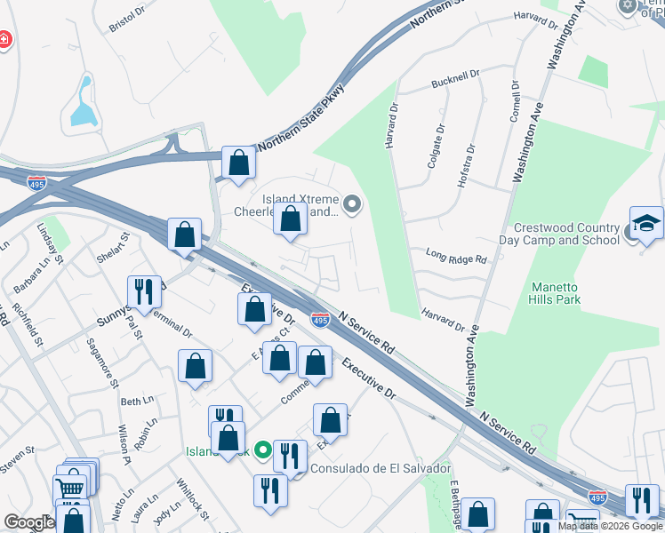 map of restaurants, bars, coffee shops, grocery stores, and more near 105 Autumn Drive in Plainview