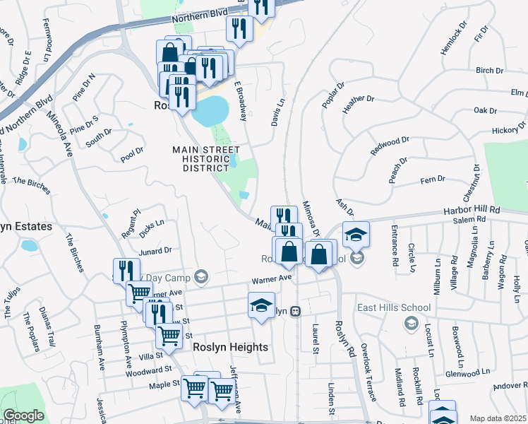 map of restaurants, bars, coffee shops, grocery stores, and more near 215 Main Street in Roslyn