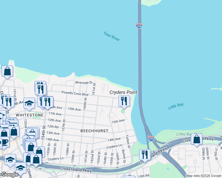 map of restaurants, bars, coffee shops, grocery stores, and more near 162-01 Powells Cove Boulevard in Queens