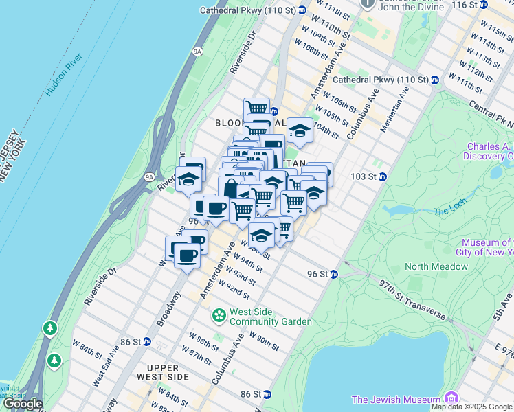 map of restaurants, bars, coffee shops, grocery stores, and more near 780 Amsterdam Avenue in New York