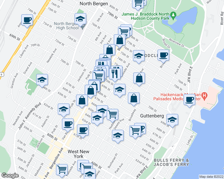 map of restaurants, bars, coffee shops, grocery stores, and more near 419 70th Street in Guttenberg