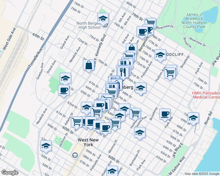 map of restaurants, bars, coffee shops, grocery stores, and more near 528 68th Street in Guttenberg