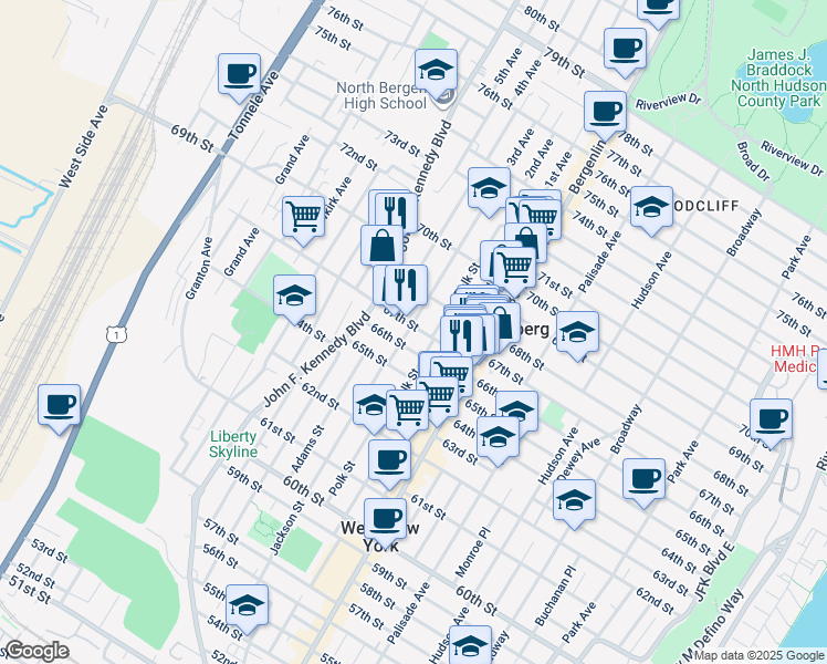 map of restaurants, bars, coffee shops, grocery stores, and more near 6714 Jackson Street in Guttenberg