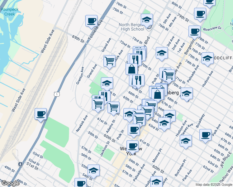 map of restaurants, bars, coffee shops, grocery stores, and more near 6513 Bergenwood Avenue in North Bergen