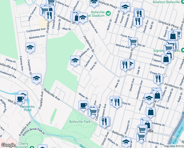 map of restaurants, bars, coffee shops, grocery stores, and more near 32 Perry Street in Belleville