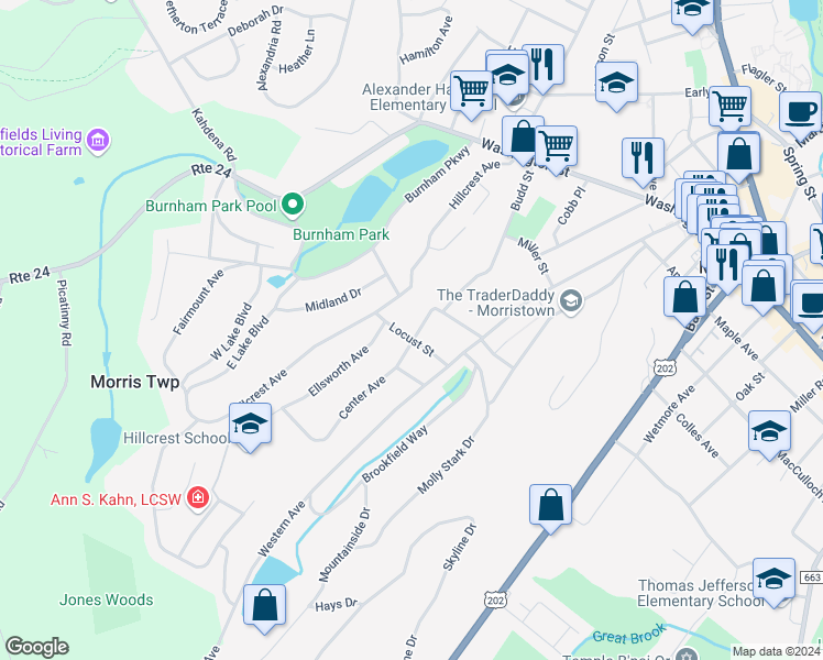 map of restaurants, bars, coffee shops, grocery stores, and more near 70 Hillcrest Avenue in Morristown