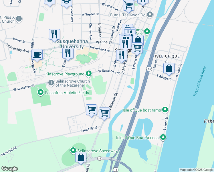 map of restaurants, bars, coffee shops, grocery stores, and more near 315 South High Street in Selinsgrove