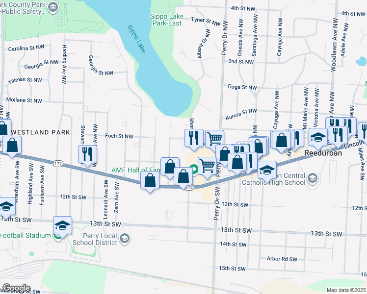 map of restaurants, bars, coffee shops, grocery stores, and more near 4609 Foch Street Northwest in Massillon