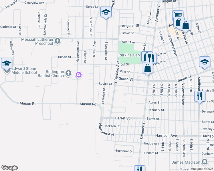 map of restaurants, bars, coffee shops, grocery stores, and more near 1904 Louisa Street in Burlington