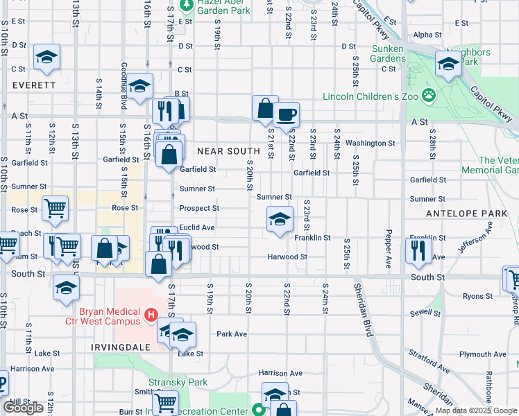map of restaurants, bars, coffee shops, grocery stores, and more near 1650 South 20th Street in Lincoln